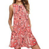 Citra Sleeveless Mini summer dress Coral floral  Paisley pattern A-line dress Boho Chic Pink Red Orange Multicolor Psychedelic Retro Bold Vibrant With Pockets Plus Sizes Blissfully Brand